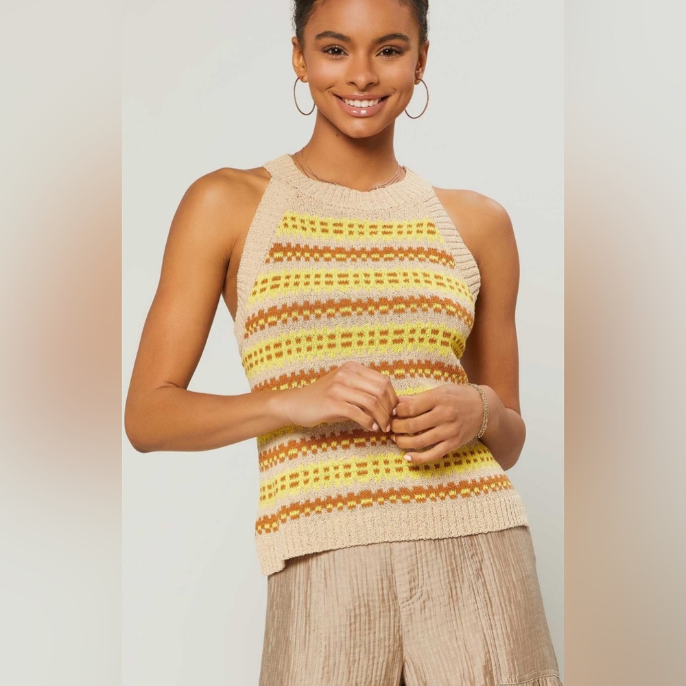 CURRENT AIR Olivia Tee Tank Halter Knit Sweater Vest Striped Brown Yellow Size M